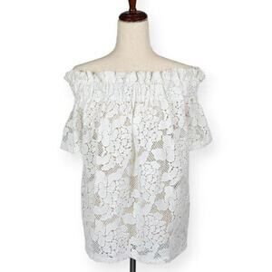 H&M Lace Top Off Shoulder Sheer Ruffles Short Sleeve White Women's US Size 8